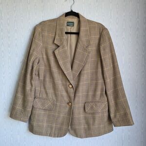 Vtg 80s Koret Womens 10 Blazer Houndstooth Plaid Camel Old Money Academia Preppy